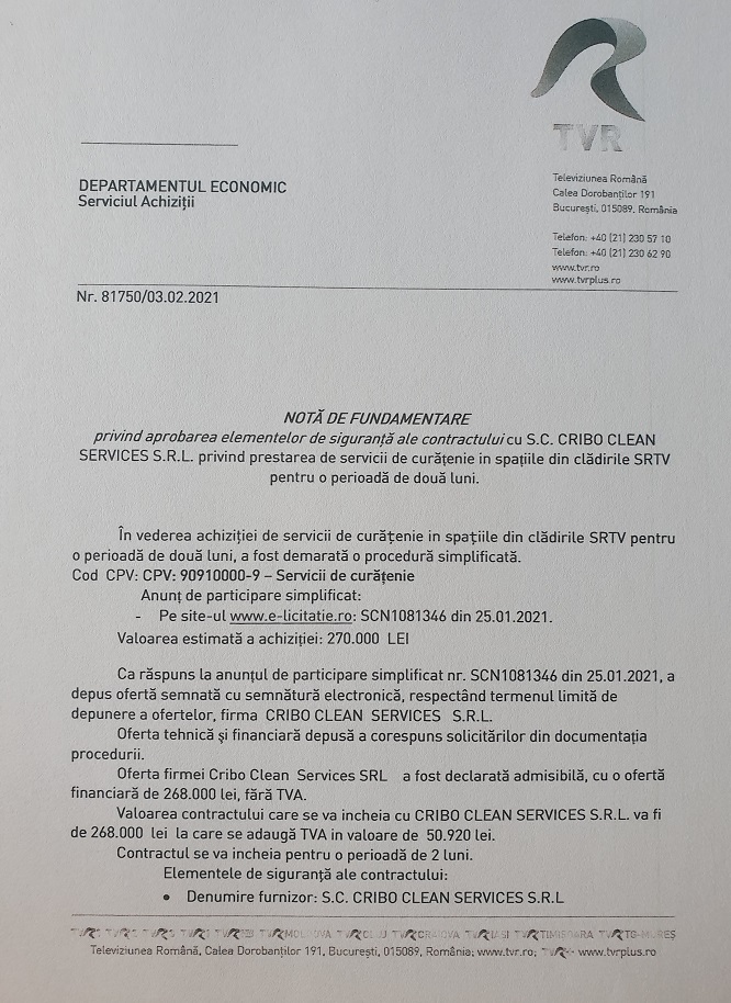 TVR oferă 65.000 de euro unei firme de curăţenie
