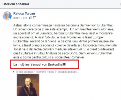 Raluca Turcan ii ureaza "La multi ani!" lui Brukenthal 