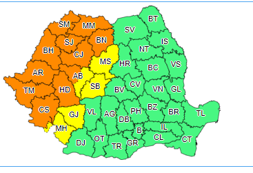 Cod portocaliu de instabilitate atmosferică, în intervalul ora 14.00-22.00, valabil pentru joi, 15 iulie