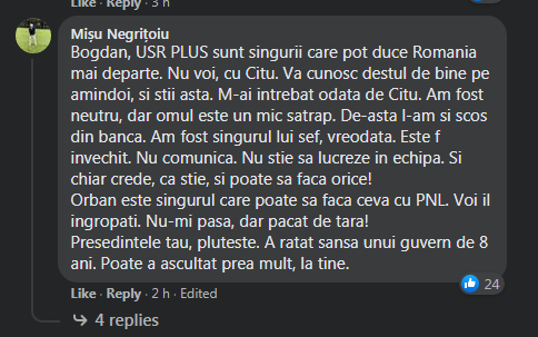 Comentariul lui Mişu Negriţoiu, pe Facebook