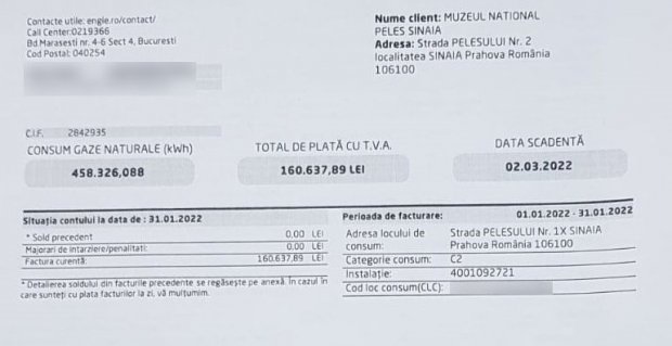 Administrația Muzeului Național Peleș din Sinaia a primit o factură pentru consumul de gaze pe luna decembrie de 86.463 de lei, o majorare de tarif de aproape 80% față de prețul perceput până acum de furnizor.