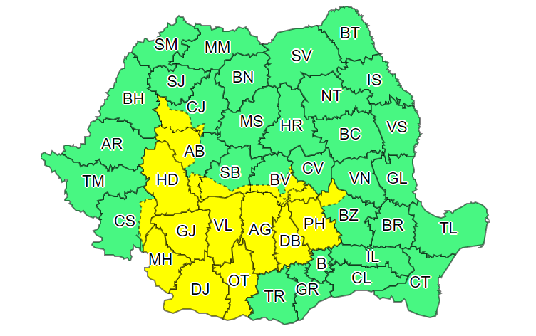 Alertă meteo COD GALBEN de ploi torenţiale şi vijelii. Vezi harta cu judeţele afectate