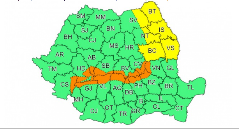 Avertizare meteo de cod galben şi portocaliu