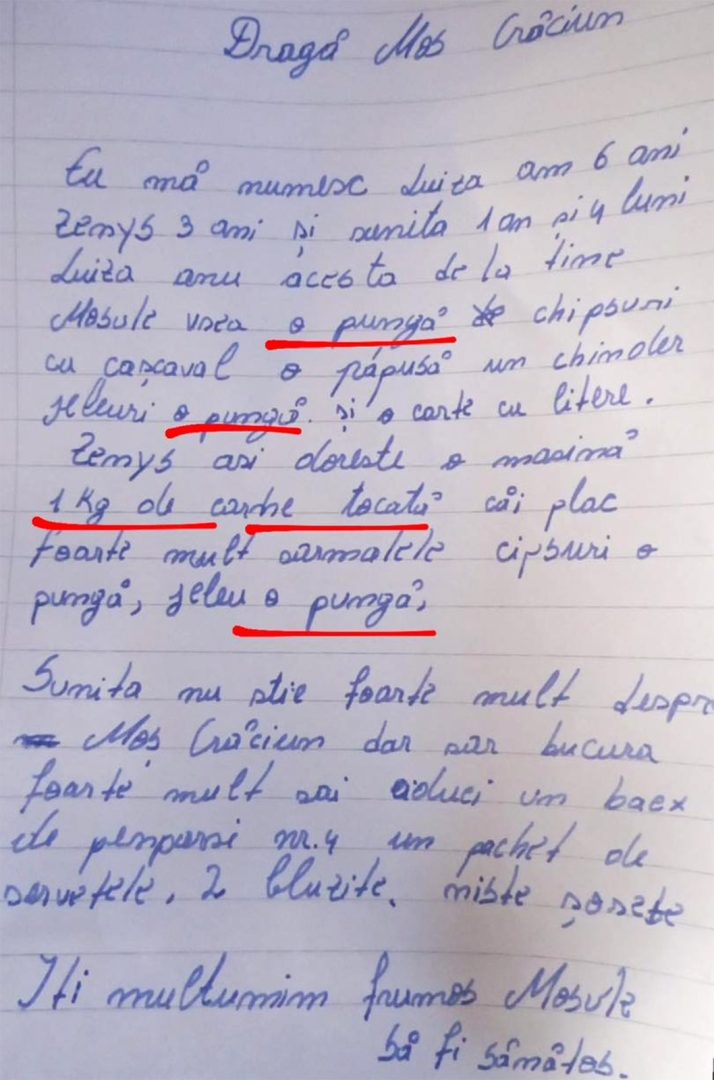 Scrisoarea unei fetițe din București a devenit virală. Ce îi cere Luiza lui Moș Crăciun de sărbători: „O pungă de jeleuri, de poftă”