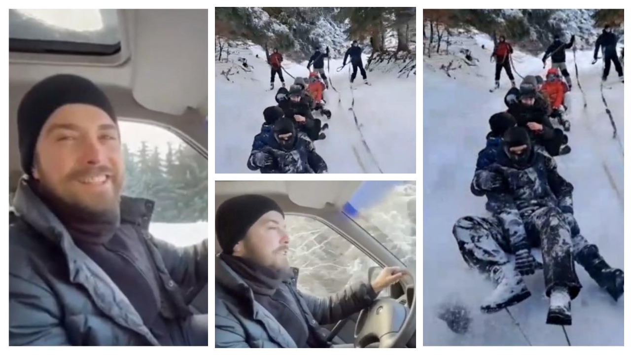 Fă ce zice popa, nu ce face popa! Tineri pe sanie şi schiuri, traşi de duhovnic cu mașina. ”Îi ducem la biserică”