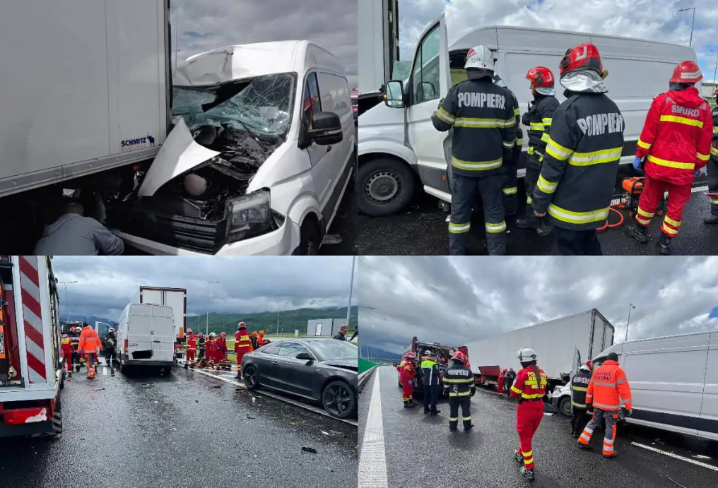 VIDEO. Accident teribil surprins de camere, un microbuz a intrat în plin într-un TIR