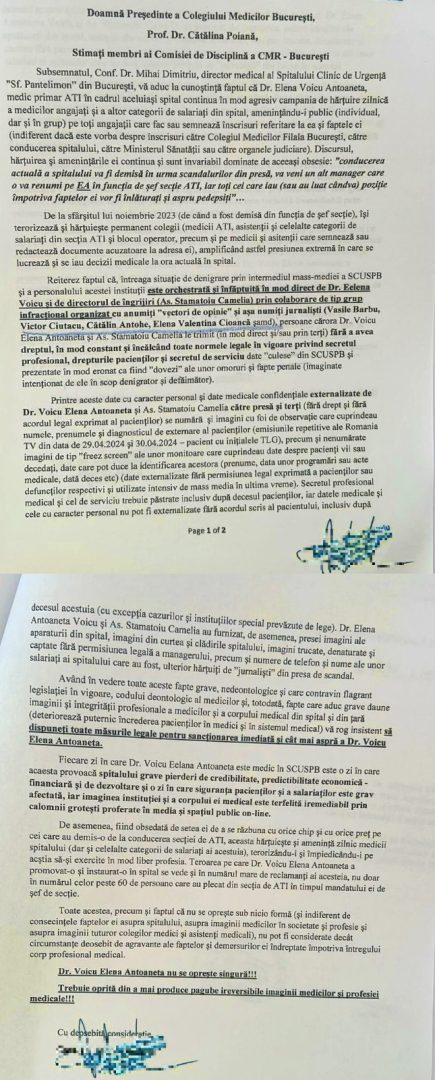 Documentul înaintat la Colegiul Medicilor de conducerea Spitalului Sf Pantelimon