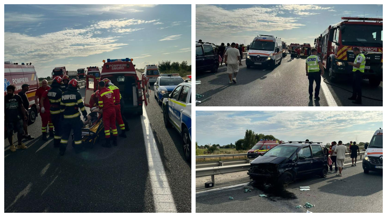 Accident grav pe A3. Un autoturism cu opt persoane la bord a lovit parapetul de pe autostradă: o victimă este inconștientă, iar alte șase sunt în stare critică