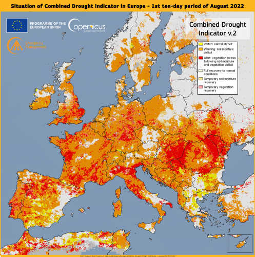 Situația indicatorului combinat de secetă în Europa. Prima perioadă de 10 zile din august 2022