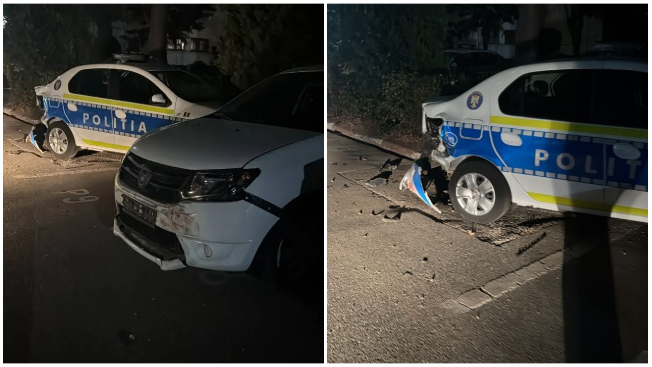 Un șofer beat s-a „autodenunțat”. Bărbatul a intrat cu mașina în curtea poliției și a distrus șase autospeciale