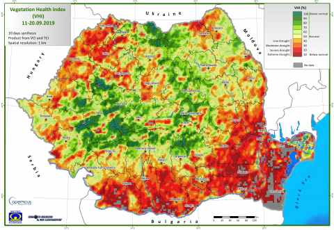VHI (Vegetation Health Index), indicator folosit pentru evaluarea stării de sănătate a vegetației. Copernicus, România, septembrie 2019
