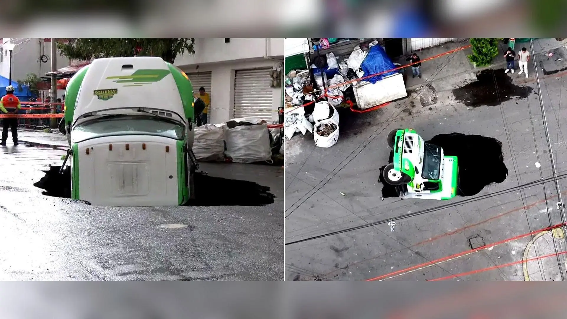 VIDEO Momentul când un camion întreg este înghițit de un crater apărut pe o stradă din capitală. Autoritățile s-au chinuit 12 ore să-l scoată