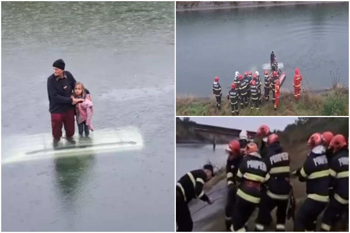 Au evitat o tragedie la mustață! Un bătrân și o fetiță, salvați, în ultima clipă, de pompieri de pe plafonul unei mașini care plonjase într-un canal