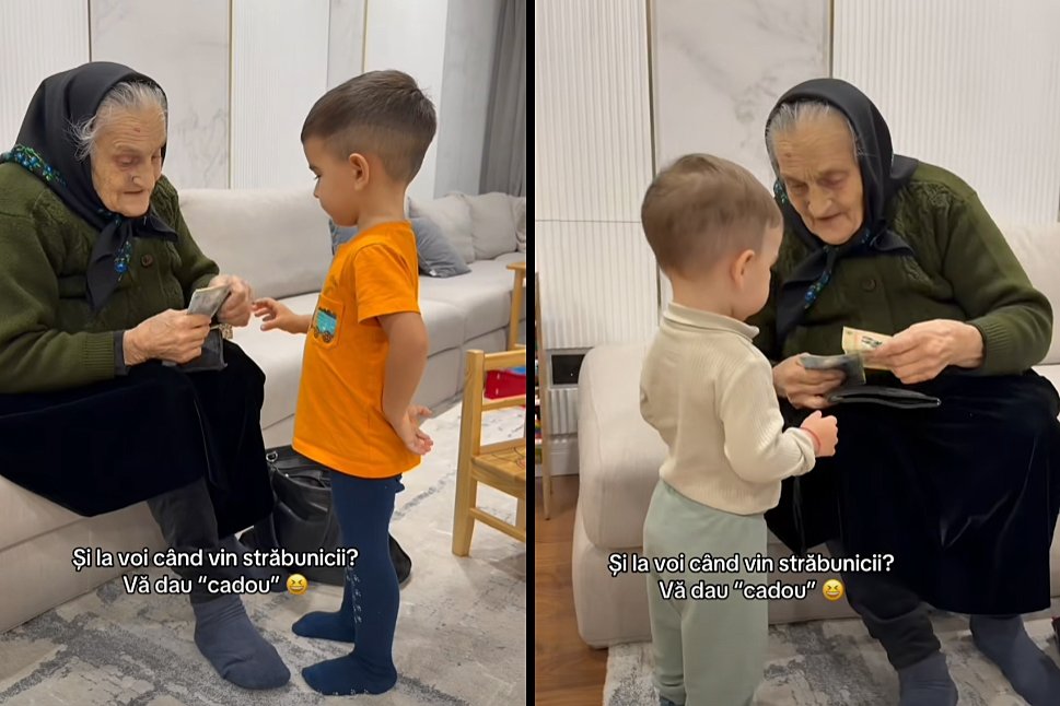 Imagini emoţionante cu Vlăduţa Lupău şi străbunica celor doi copii ai artistei. „Și la voi când vin străbunicii vă dau cadou?” VIDEO