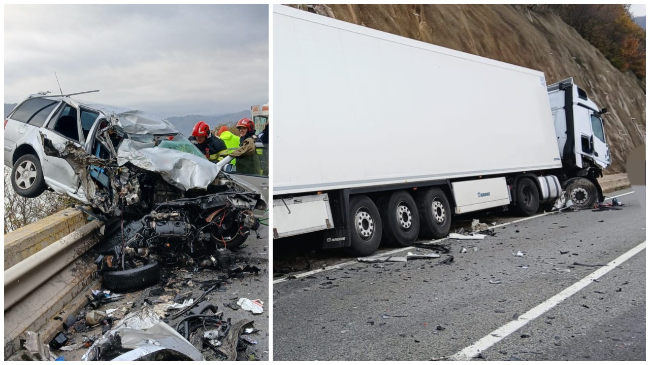 Accident grav pe DN 6, la ieșirea din Orșova. Un TIR și o mașină s-au izbit puternic în zona viaductului Oreva