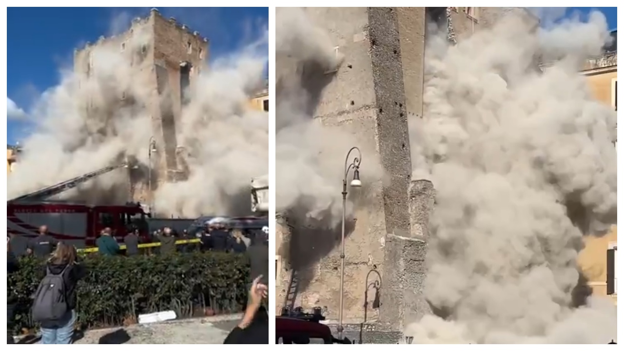 Turn medieval prăbușit la Roma, lângă Colosseum. Un muncitor român este prins sub dărâmături! VIDEO