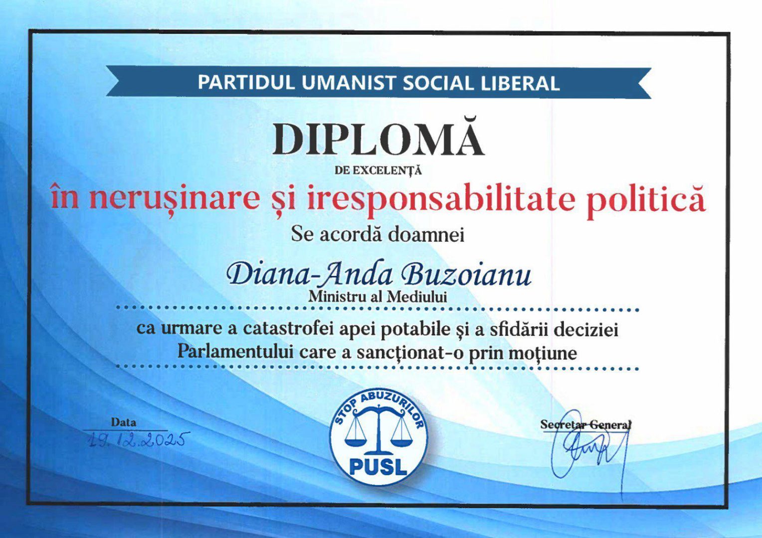 PUSL acordă diploma de „nerușinare și iresponsabilitate politică” ministrului Mediului, după ignorarea crizei apei din Prahova