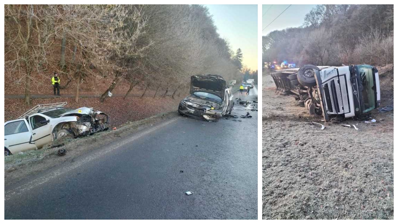 Accident cu două mașini și un autocamion cu rumeguş, la ieşirea din Odorheiu Secuiesc. Cinci persoane, inclusiv un copil, au fost rănite