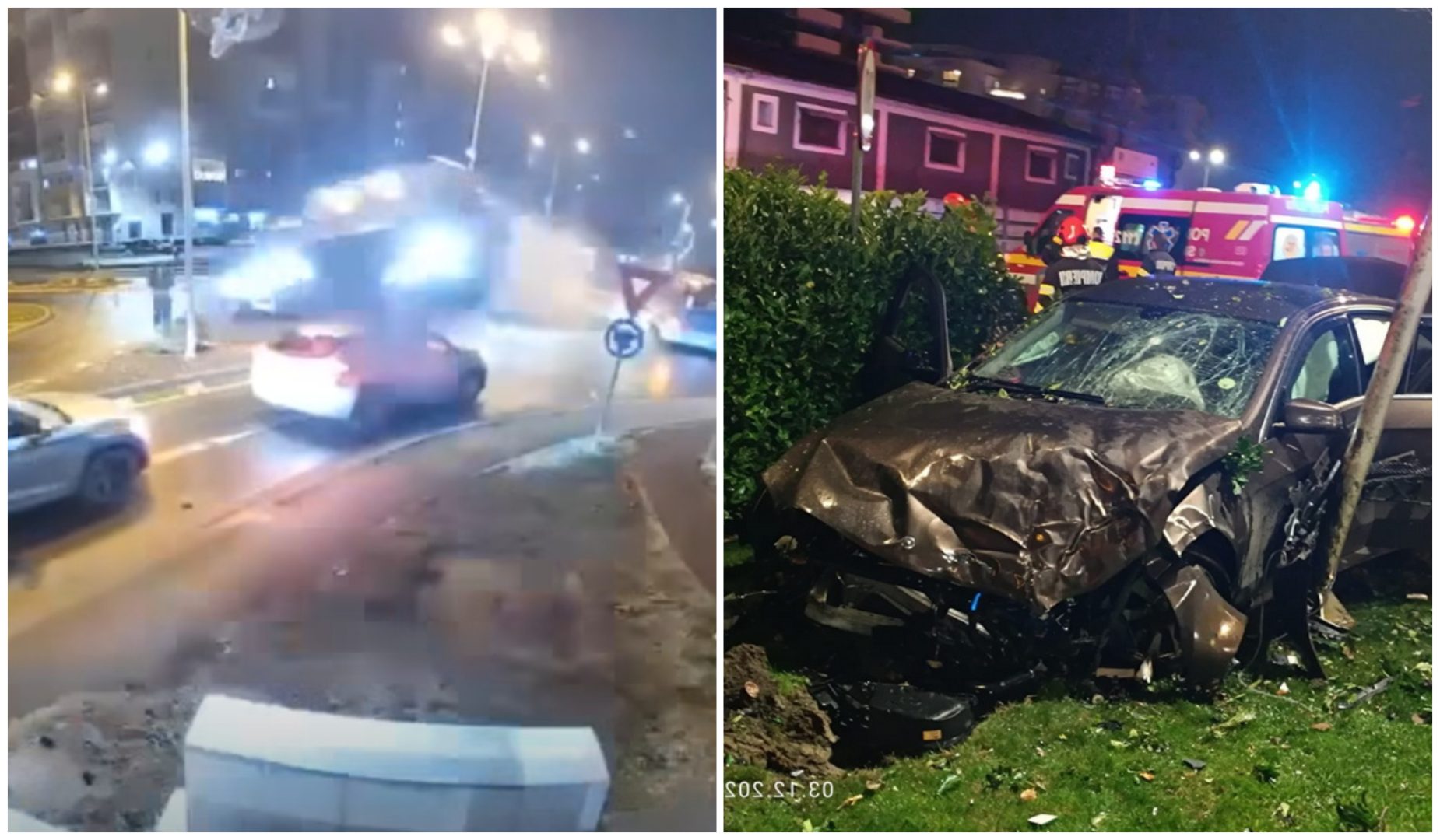 VIDEO Accident ca-n filme în Oradea. Șoferul unui Mercedes a zburat, efectiv, peste un sens giratoriu