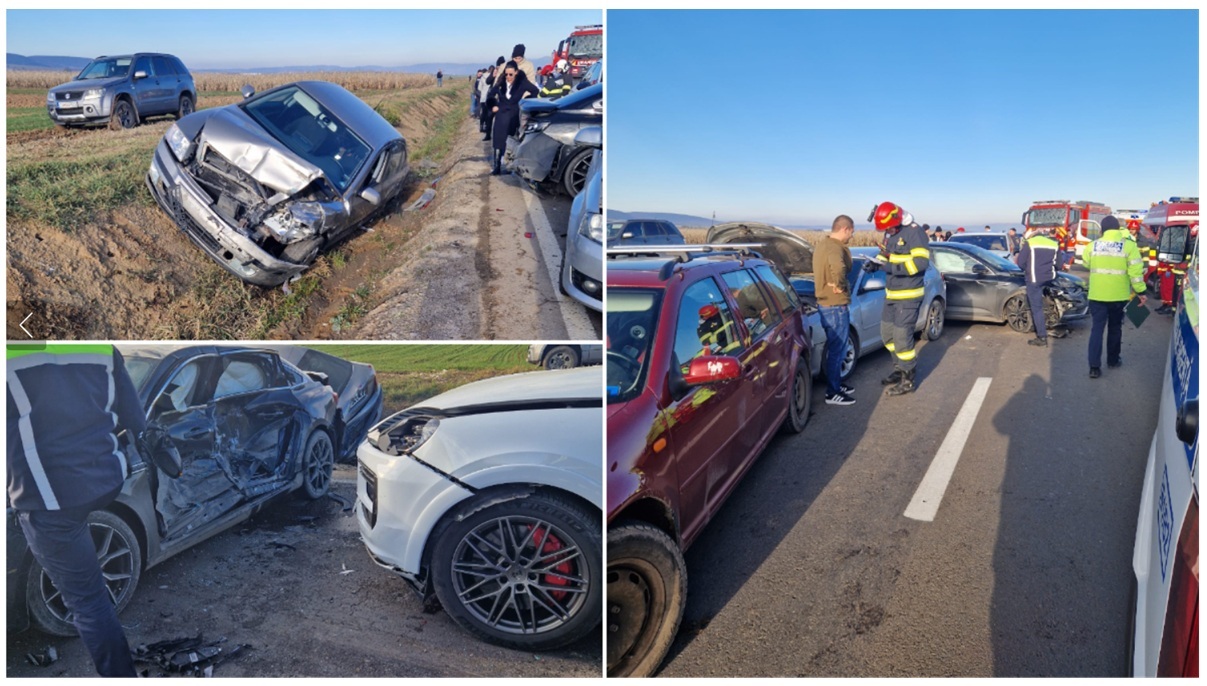 Carambol cu 7 mașini în județul Covasna. 17 victime, printre care și minori. Operațiune amplă de salvare la fața locului