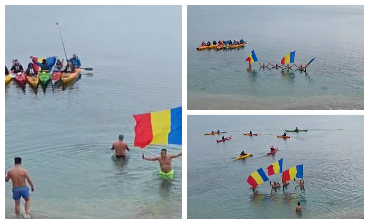 Ziua Națională a României, sărbătorită în mod inedit la Constanța. Câțiva tineri și un copil de 6 ani au intrat în apa rece a mării cu steaguri și au cântat imnul României