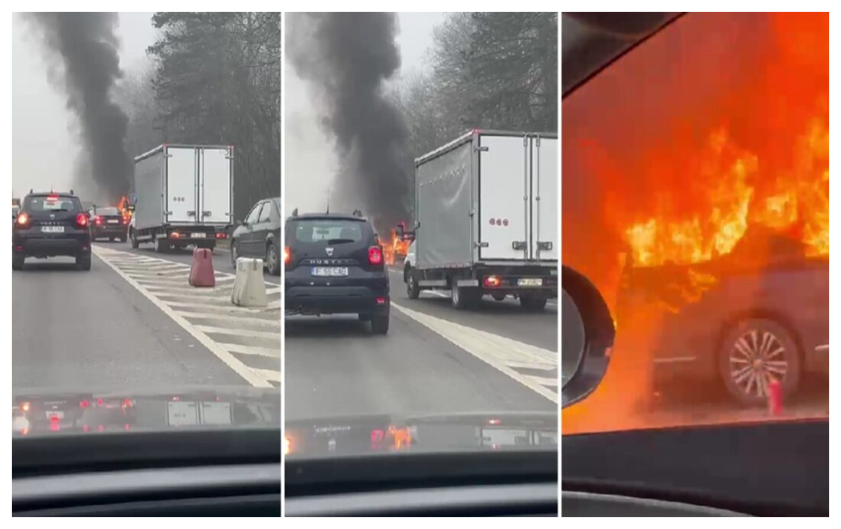 O mașină a luat foc în mers, pe DN1. Traficul spre București a fost blocat