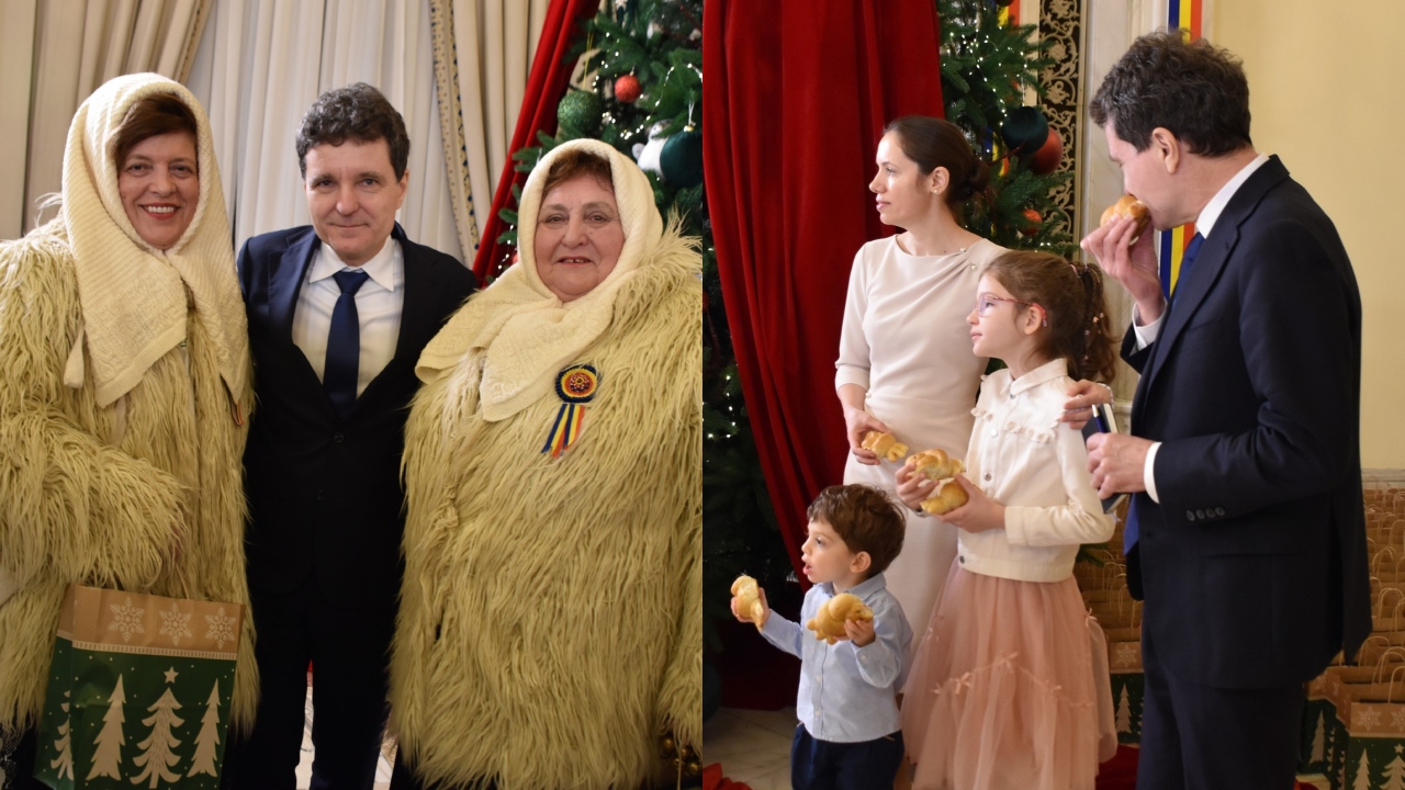 Nicușor Dan a primit colindători la Palatul Cotroceni, alături de Prima Doamnă și cei doi copii. Președintele a gustat colăcei în timp ce asculta cântecele tradiționale GALERIE FOTO
