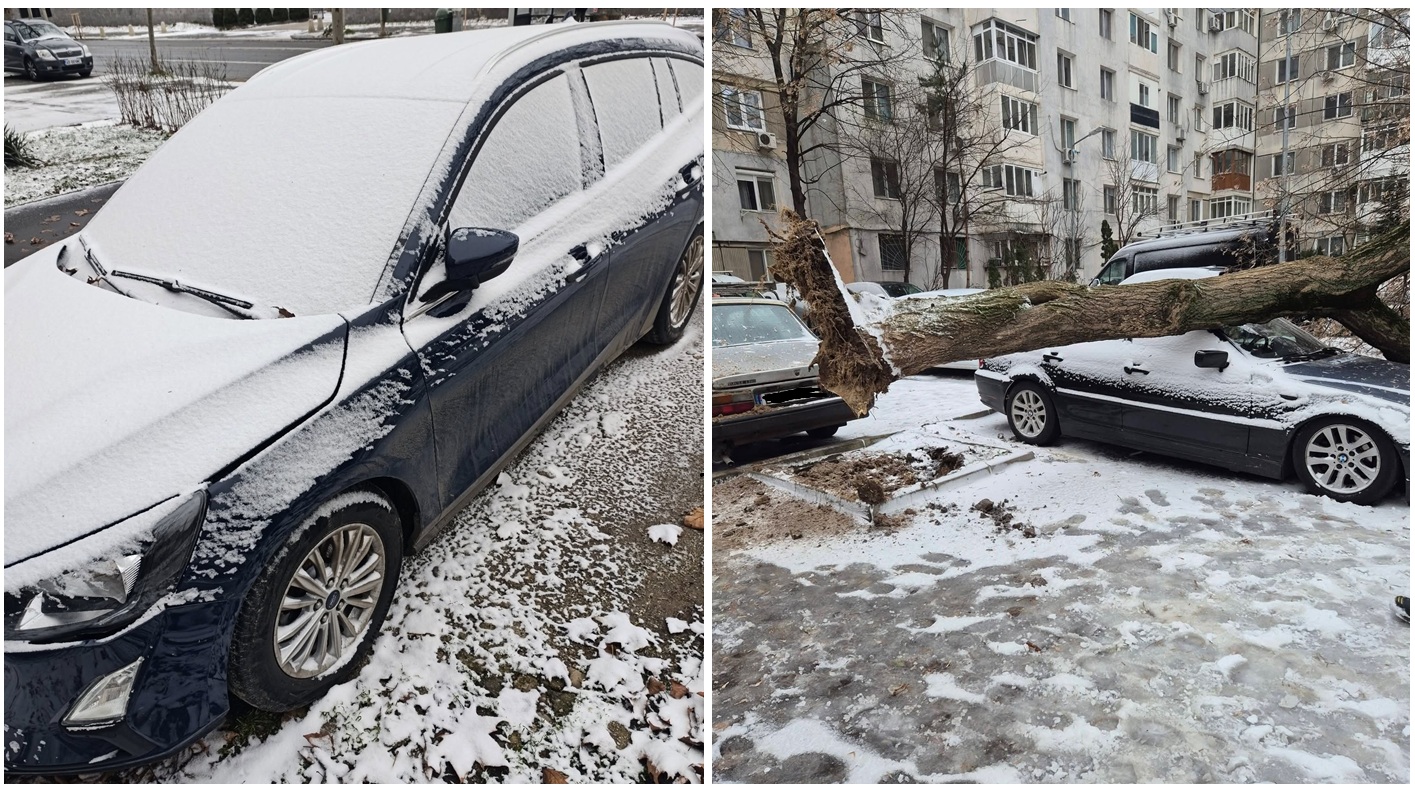 Pagube produse de vremea rea în Capitală. Bucureștenii s-au trezit în prima zi de Crăciun cu zăpadă și mașinile distruse