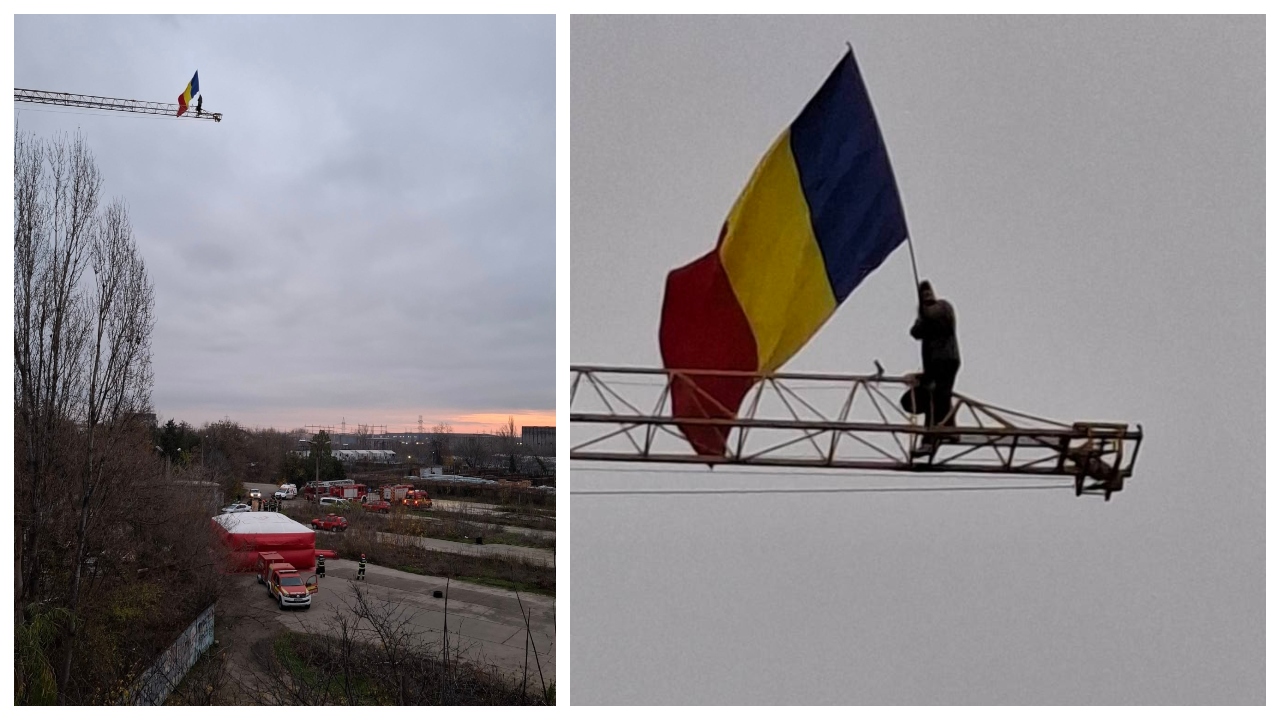 Stegarul dac sărbătorește 1 Decembrie cocoțat pe o macara din București, de unde strigă ”Turul doi înapoi!”. Echipajele de intervenție negociază cu el să coboare, a fost adusă și o saltea gonflabilă