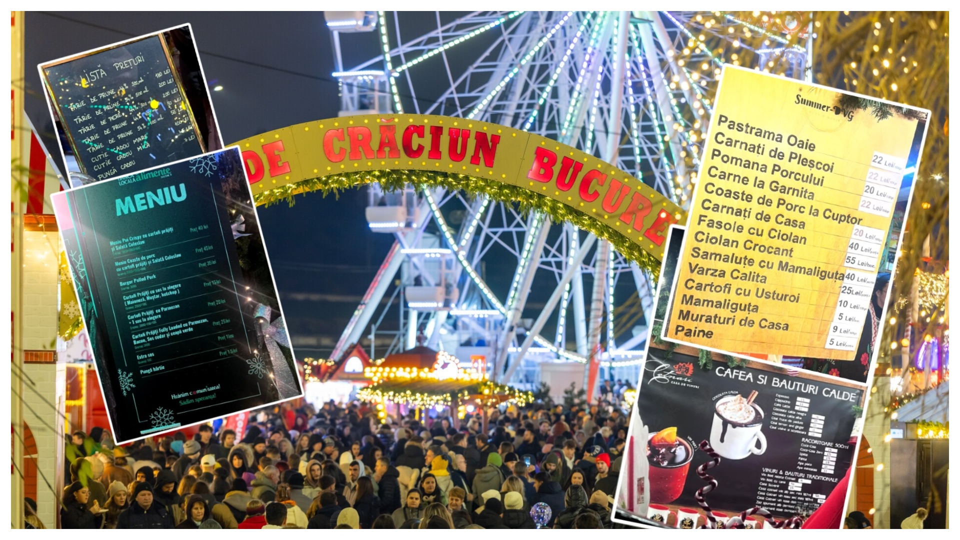 Cât costă o porție fasole cu ciolan, pomana porcului, un pahar de vin fiert sau o pălincă la Târgul de Crăciun din Piața Constituției