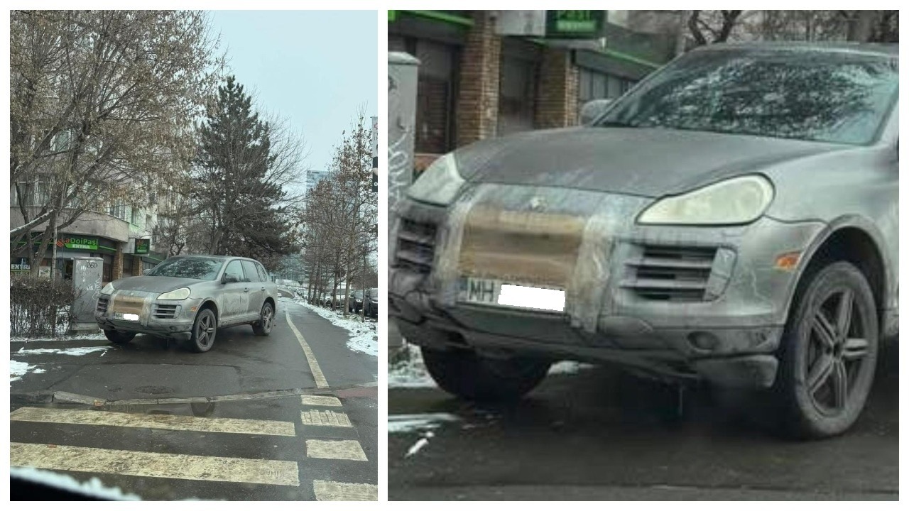 EXCLUSIV Foto SCANDALOS! Cocalar de Mehedinți cu Porsche Cayenne cu carton la radiator și urcat pe trotuar la trecerea de pietoni! La Londra se face pușcărie pentru așa ceva. În București, nici amendă n-a primit!