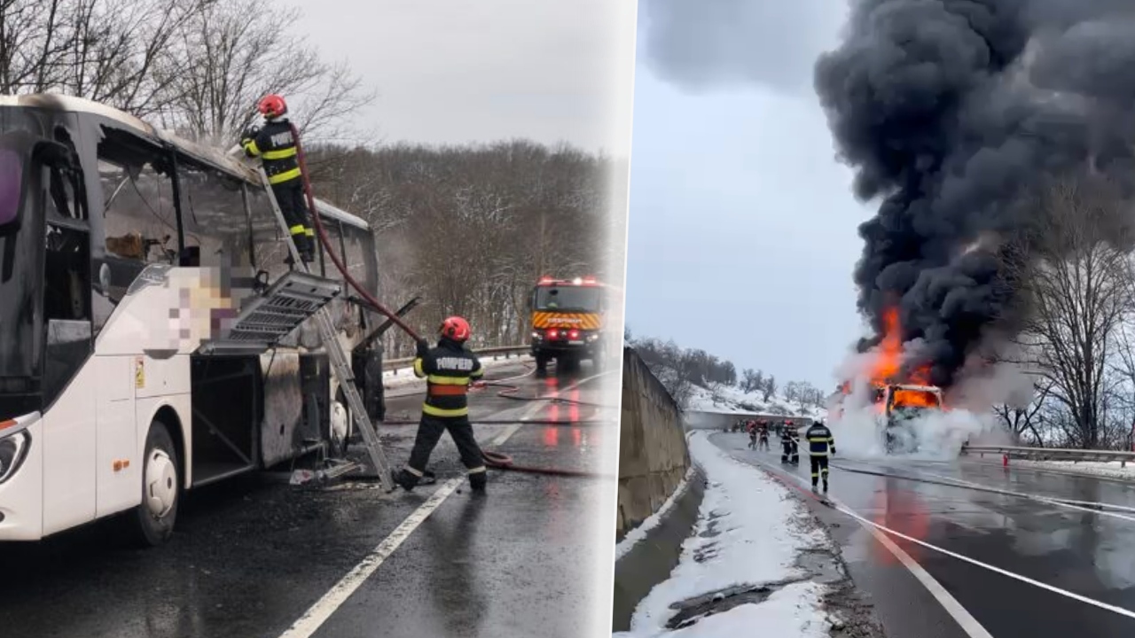 Un autocar a luat foc în județul Mureș. 47 de persoane, adăpostite într-o școală