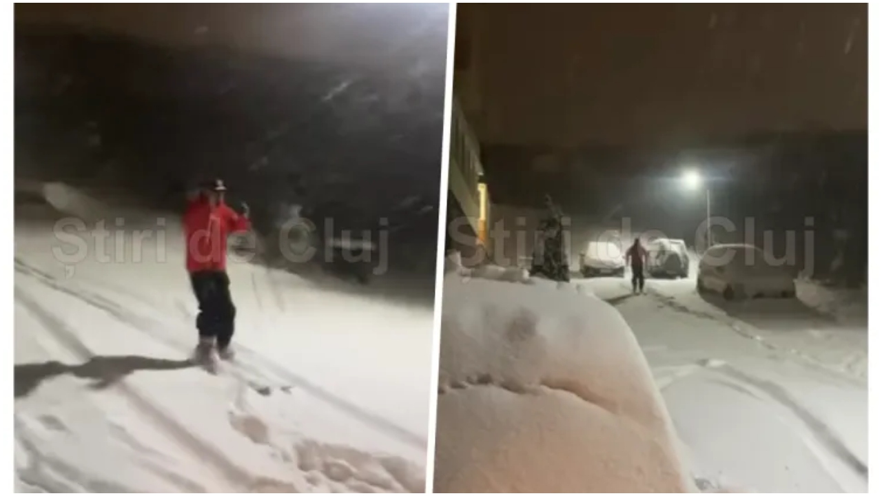 Un clujean și-a pus clăparii și schiurile în picioare și s-a dat cu ele pe stradă