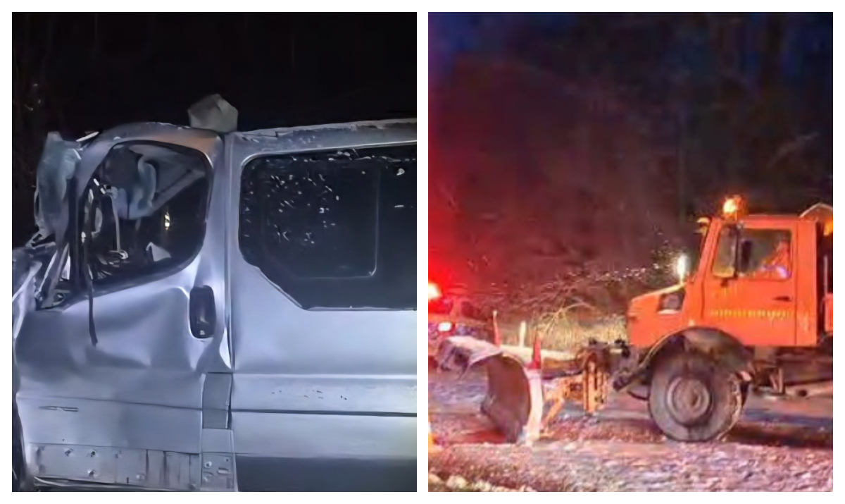 Accident grav luni dimineață. Mai multe persoane au fost rănite în urma impactului dintre un microbuz și o autospecială de deszăpezire