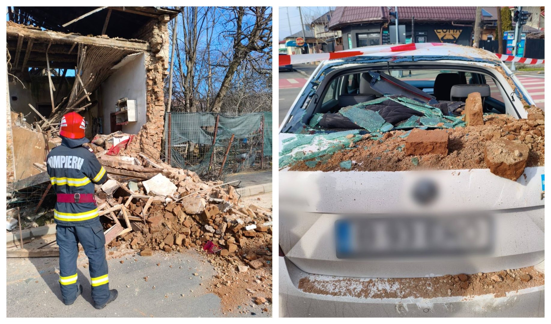 Patru persoane au fost la un pas de tragedie în Giurgiu. Peretele unei case abandonate s-a prăbușit peste o mașină oprită la semafor