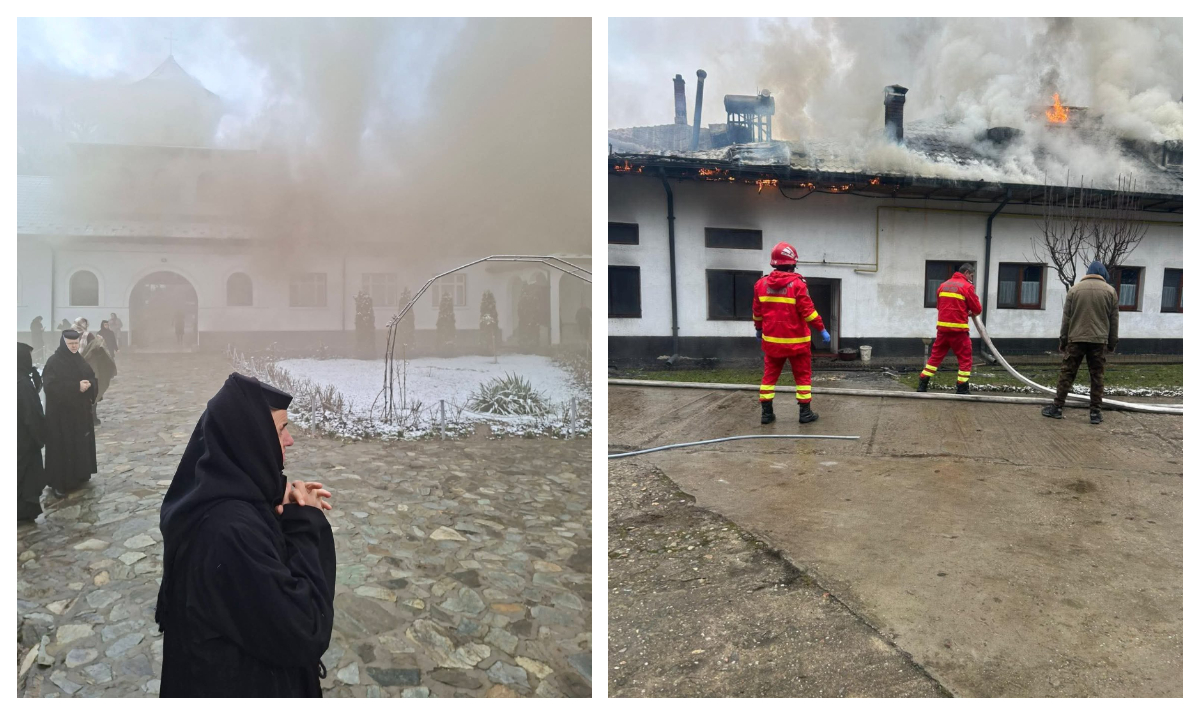 Incendiu puternic la o mănăstire din Gorj în timpul slujbei. Pompierii au intervenit de urgență