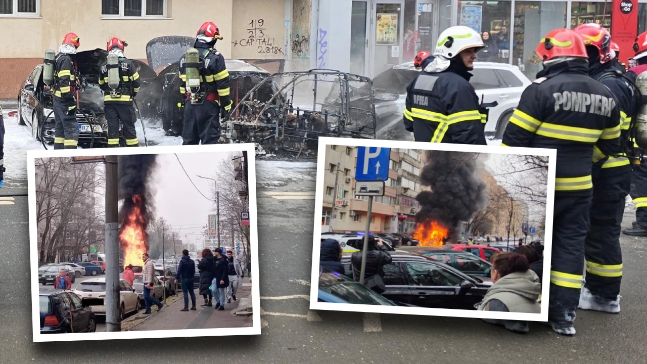 Mașină electrică în flăcări pe un bulevard din București. O victimă a ajuns la spital, iar pasagerul din dreapta a murit