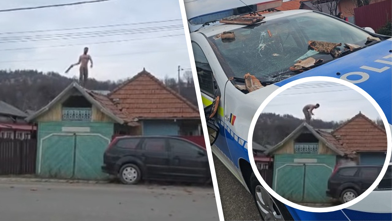 Un bărbat urcat pe acoperiș a atacat cu țigle polițiștii veniți să-l dea jos. Le-a spus că nu coboară până nu îi pun o manea
