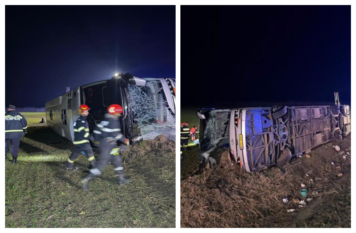 Accident grav în Galați. Un autocar cu zeci de pasageri s-a răsturnat, iar o persoană a fost strivită. A fost activat PLANUL ROȘU de intervenție
