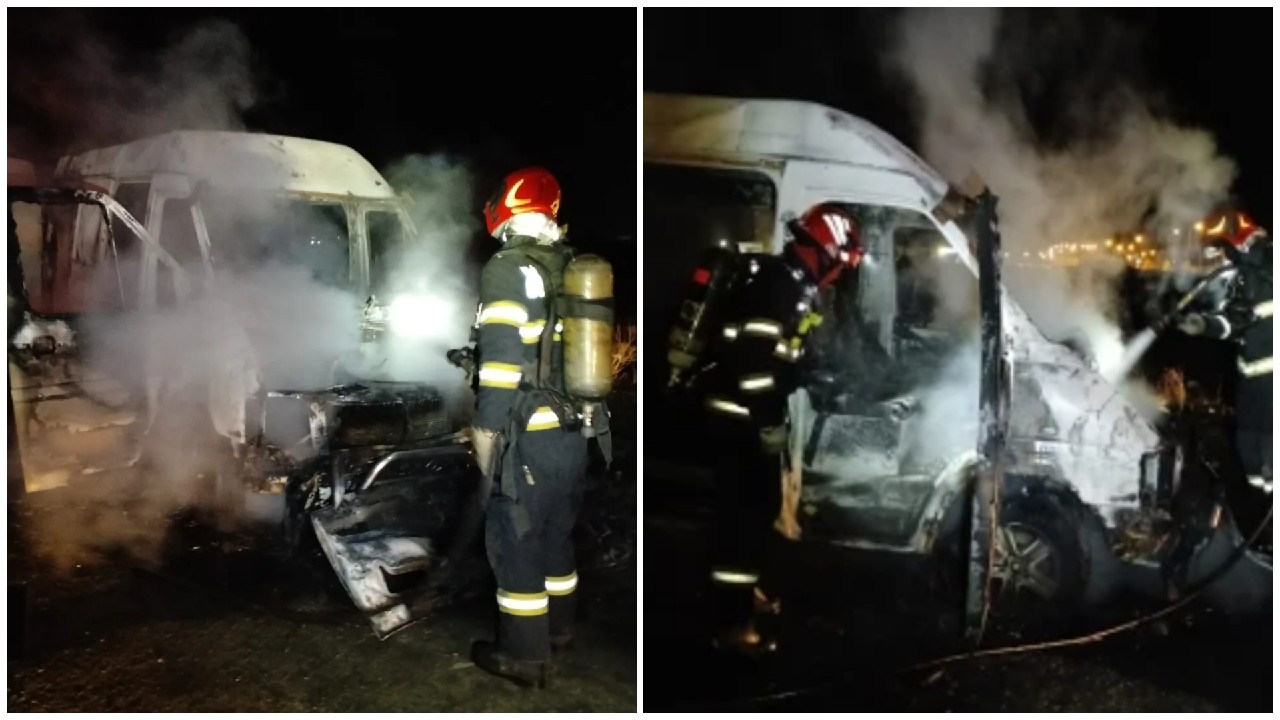 Microbuz cuprins de flăcări lângă centura Arad. Două persoane care au suferit arsuri au fost transportate la spital