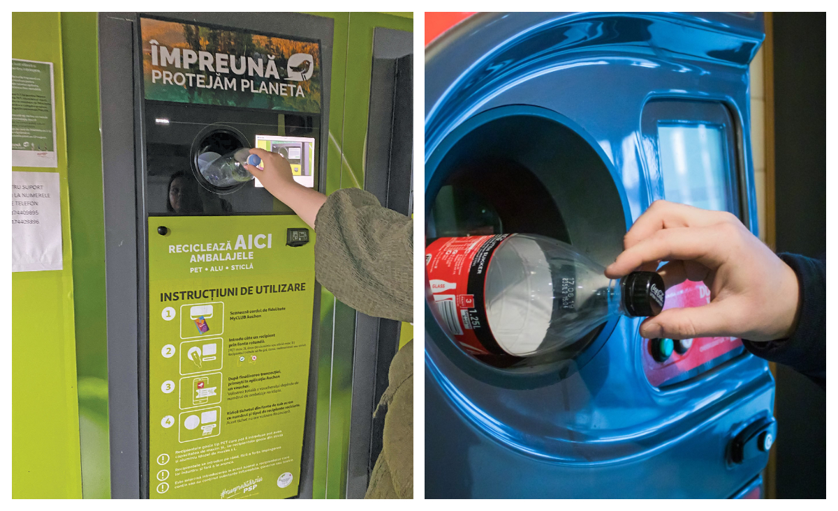 Cozi uriașe la aparatele de reciclat din Auchan. Câți bani primesc românii pe sticlele goale