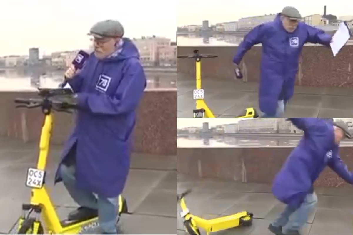 Un prezentator al rubricii meteo a căzut de pe trotinetă chiar în timpul unei transmisiuni live. Bărbatul s-a prăbușit pe caldarâm. VIDEO