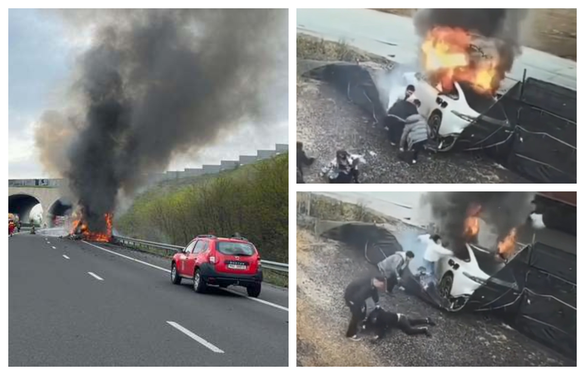 Val de accidente în România. O maşină electrică a luat foc după un derapaj. Imagini dramatice cu salavarea pasagerilor VIDEO