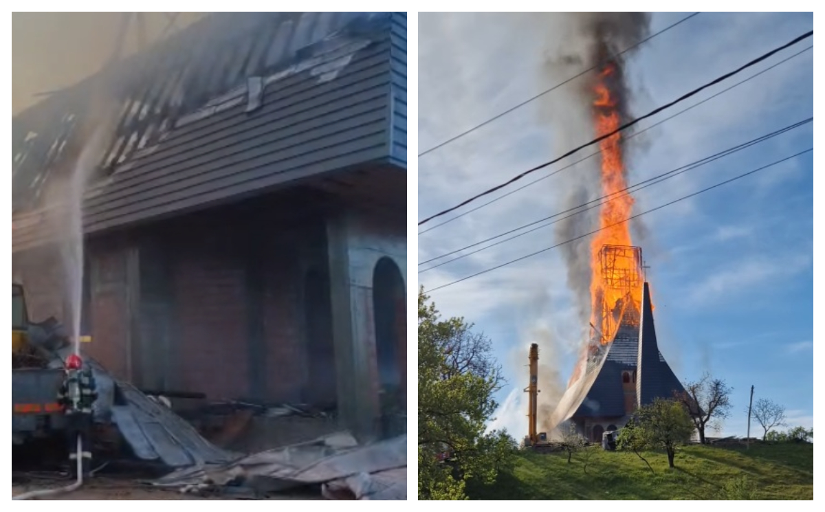 Incendiu puternic la o biserică din Maramureș. Pompierii intervin de urgență pentru stingerea flăcărilor