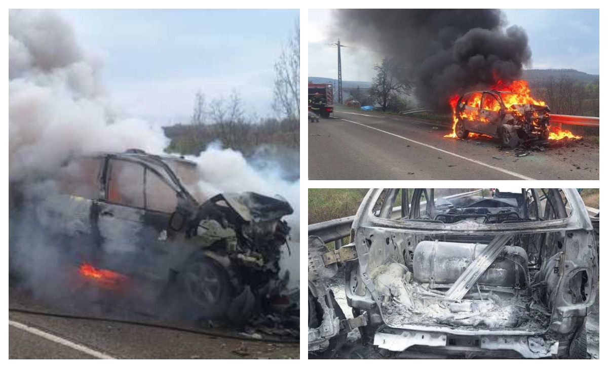 Accident grav în Vinerea Mare. O mașină a luat foc în urma impactului, două persoane au fost rănite
