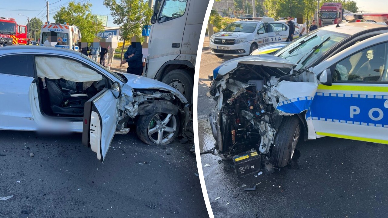 Urmărire ca în filme pe străzile din Craiova. Un polițist a fost rănit după ce șoferul fugar a intrat cu mașina în autospecială