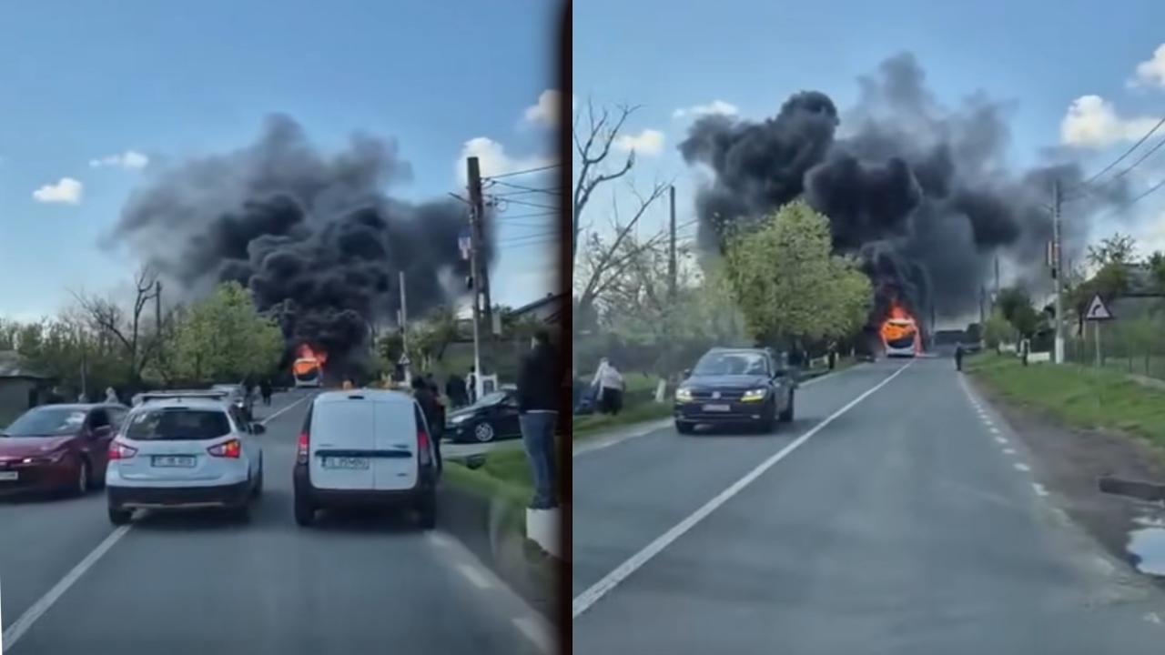 Un autocar cu 27 de persoane, cuprins de flăcări în județul Tulcea. Care este starea pasagerilor. VIDEO