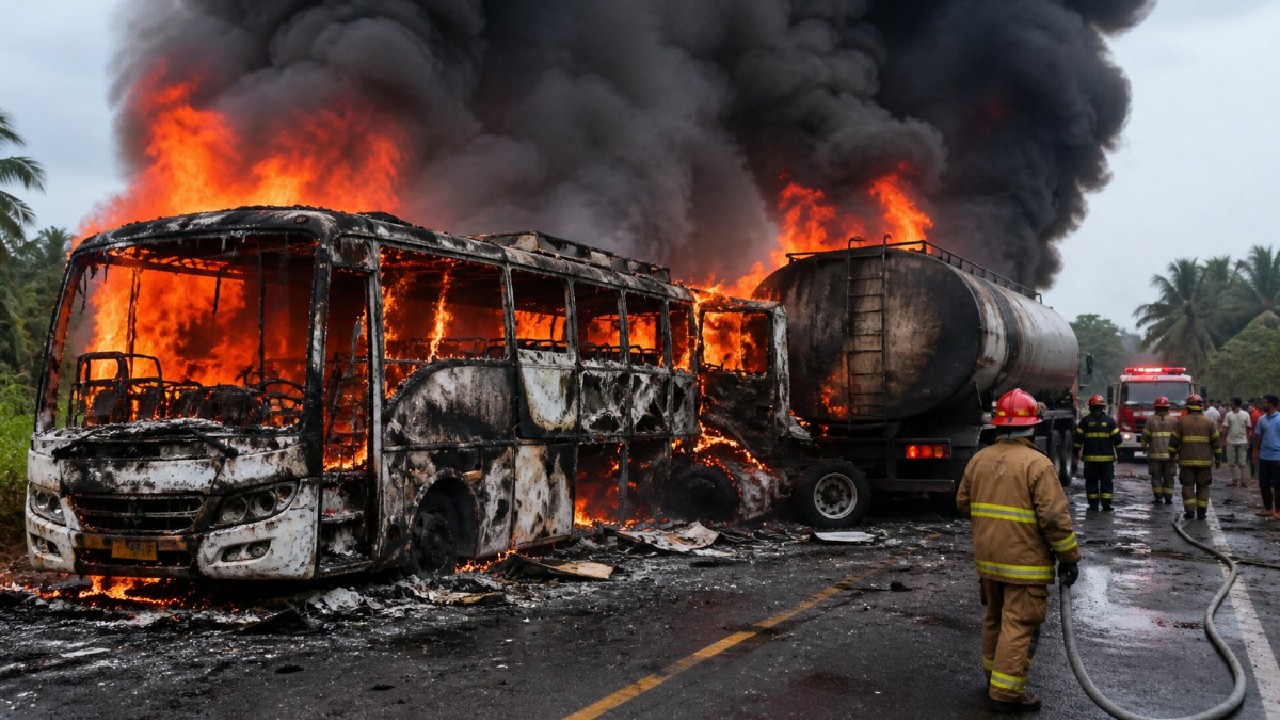 Cel puțin 16 persoane au murit pe loc după ce un autobuz s-a ciocnit frontal cu o cisternă și a luat foc