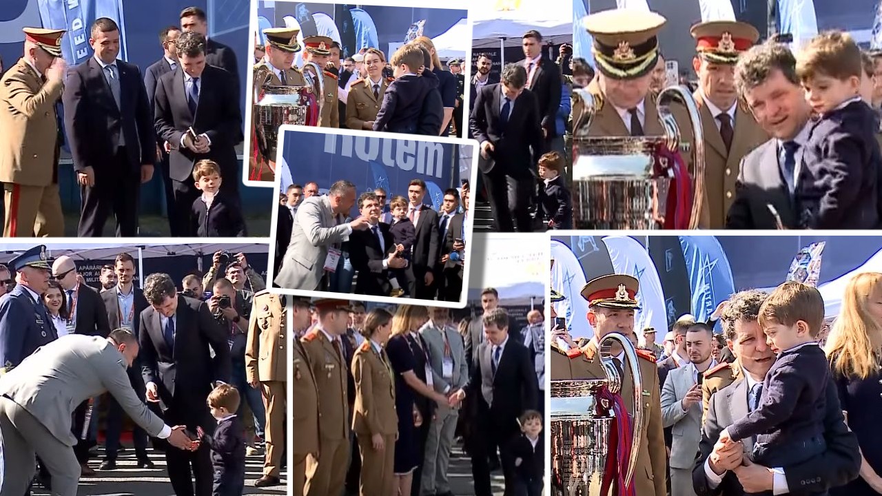VIDEO Imaginea zilei la BSDA! Președintele Nicușor Dan, însoțit de fiul său la cea mai mare expoziție militară. Micuțul a admirat avioanele de luptă împreună cu tatăl său