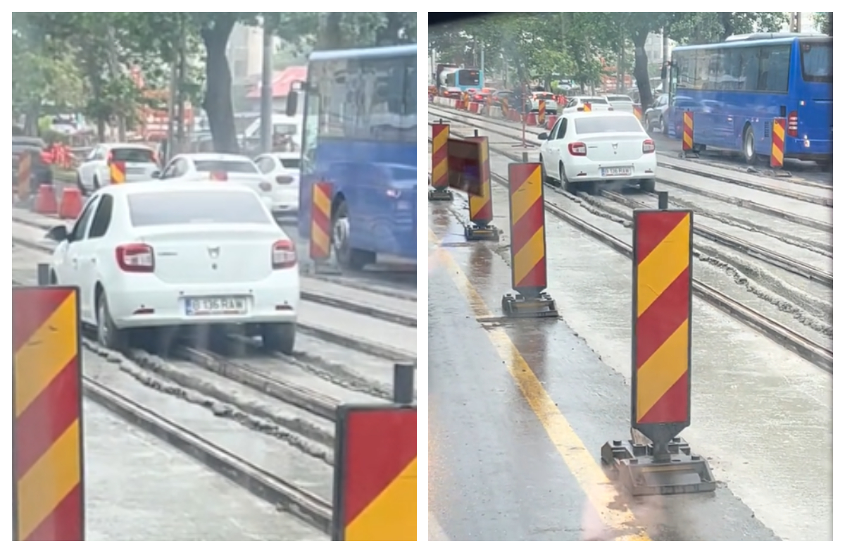 Viralul zilei: Cascadorii râsului în Bucureşti, un şofer a rămas împotmolit cu Loganul în beton pe linia de tramvai VIDEO